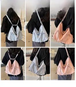 Detail shots of versatile pink tote bag showing shoulder and backpack carry modes