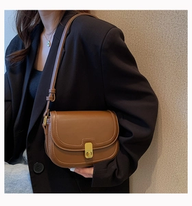Detail of dark brown semi-circular crossbody bag with golden buckle and sleek stitching
