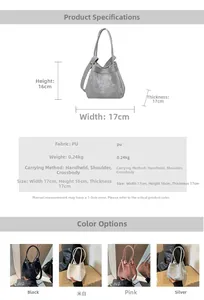 Tableau des tailles de 17x16x17cm et spécifications du sac seau en cuir PU gris