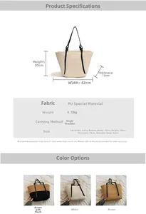 Detailed view of woven tote bag dimensions with beige texture and black leather handles