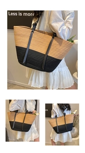 Detail of handwoven large capacity tote bag with dual-tone khaki and black stripes