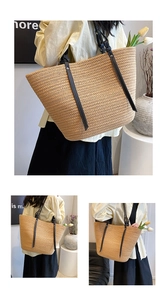 Detailed macro view of woven straw tote bag texture and durable black faux leather straps