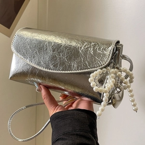 Women Mini Crossbody Bag Crinkled PU Leather Metallic Small Shoulder Bag With Artificial Pearl Bow And Heart Pendant Fashionable