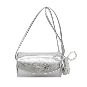 Silver square shoulder bag with metallic cracked texture and pearl bow charm