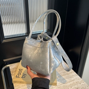 Sac Seau En Cuir PU Pour Femmes Texture Craquelée Métallique Sac Bandoulière Sac À Main Avec Large Bandoulière Minimaliste