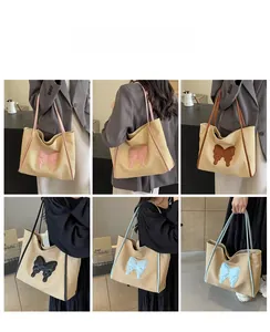 Straw tote bags with bow detail in four colors shown from multiple angles on a model