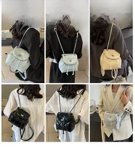 Micro quilted leather backpacks in multiple colors with chain straps and flap closure