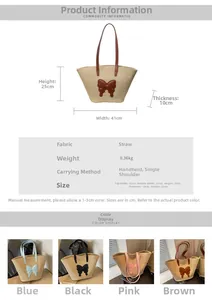 Detailed size chart and specifications for large straw tote bag with bow detail