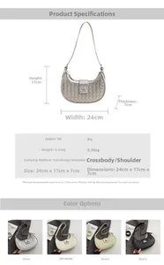Size chart showing dimensions 24x17x7cm for the woven half-moon crossbody bag