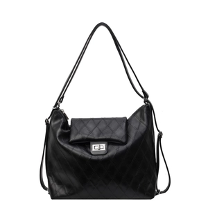 Classic black quilted shoulder bag with silver turn-lock clasp and shiny leather finish