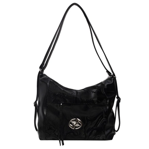 Borsa tote nera con trama in marmo e logo argento, borsa a spalla alla moda da donna