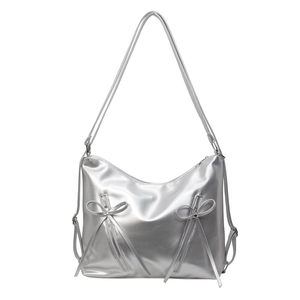 Sac fourre-tout argenté métallisé avec nœud décoratif et bandoulière réglable pour femme
