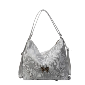 Silver marble pattern tote bag featuring a metal butterfly clasp and versatile straps