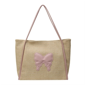 Women's summer woven tote bag with pink leather butterfly decor and large capacity