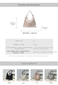 Detailed dimension chart and multi-color options for the 28cm PU tote backpack bag
