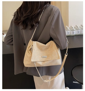 Detailed view of beige woven shoulder bag with gold chain strap worn by a model