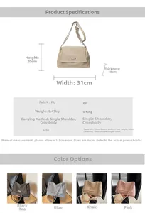 Detailed size specifications and material chart for the woven texture PU shoulder bag