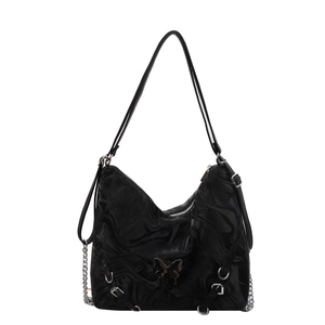 Fashionable black PU hobo bag with marble texture and butterfly metal accent chain