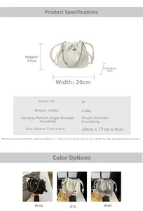 Detailed specs of PU leather drawstring bucket bag with butterfly decor and dimensions