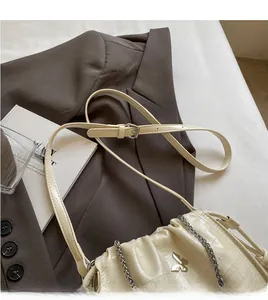 Detail of cream-colored pleated crossbody bag with silver butterfly logo and thin chain