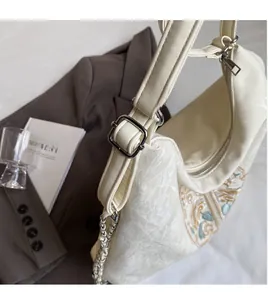 Detail of embroidered floral pattern on beige leather shoulder bag with chain strap