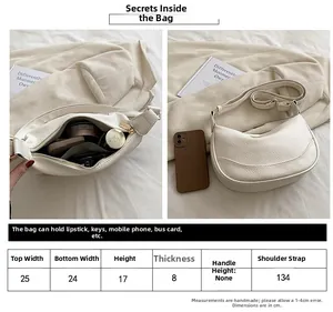 Size chart showing white textured crossbody bag dimensions with a detailed interior view