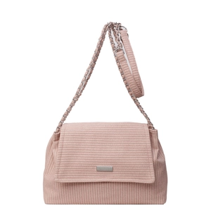 Pink woven flap shoulder bag with silver chain strap and metal logo plate on white background