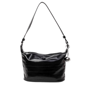 Minimalist black glossy textured small square shoulder bag with silver ball pendant