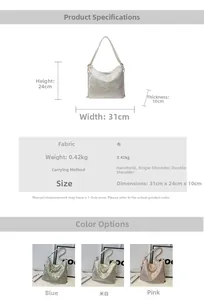 Detailed size chart for Chinese embroidery tote bag with dimensions and fabric specs