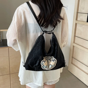 New Chinese style embroidered black crossbody bag with vintage floral patterns and textures