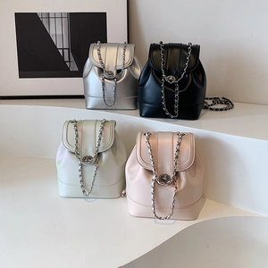 Mini backpack bucket bags with chain straps in silver, black, green and pink colors