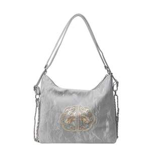 Silver-grey pleated shoulder bag with traditional Chinese floral embroidery and metal chain