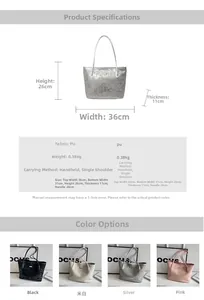 Detailed size specifications of large capacity silver PU leather tote bag with dimensions