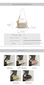 Detailed size chart and multi-color view of pleated shoulder bags with pearl chain strap