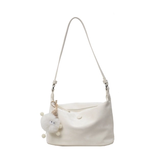Minimalist white dumpling underarm bag with a cute white plush doll keychain pendant