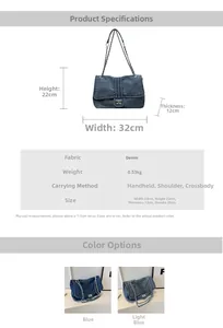 Tableau détaillé des dimensions et matériaux du sac fourre-tout en denim à chaînes