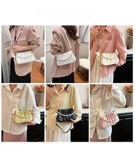 Multiple views showing pleated shoulder bags in various colors with elegant pearl handles