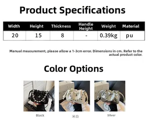 Size chart for cloud bucket bag with chain strap in black, cream, and silver colors
