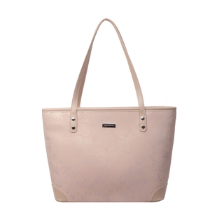 Pink faux leather tote bag with silver logo plaque and thin straps for women