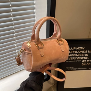 Fashion PU Leather Boston Bag Women Handbag Cylindrical Crossbody Shoulder Pillow Bag With Cute Plush Monster Pendant Handbag
