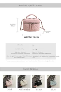 Detailed size specifications and material info for quilted PU chain crossbody bag