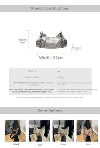 Size chart for chic PU shoulder bag showing dimensions 22x13x9cm and carrying methods
