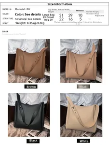 Detailed size guide and specifications for women's large capacity PU leather tote bag set