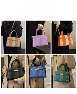 Collage of colorful snakeskin Kelly bags in six shades showing crossbody and hand-carry styles