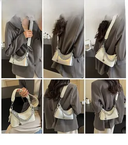 Multiple views showing silver and beige underarm bags with chunky chains and strap