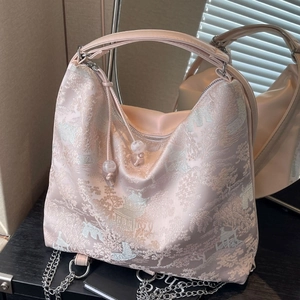 Pink New Chinese style embroidered hobo bag with traditional garden jacquard and chain strap