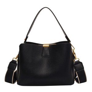 Litchi pattern black bucket bag with wide fabric shoulder strap and golden hardware