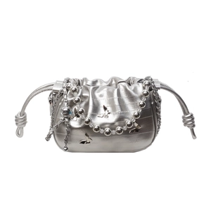 Silver metallic drawstring bucket bag with beaded chain and butterfly charms