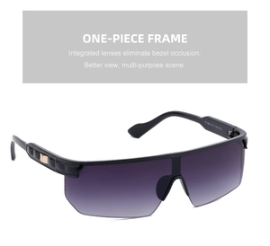 Détail de lunettes de soleil de sport sans monture avec ornements dorés et verres dégradés