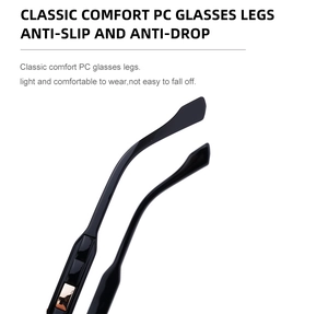 Détail des branches de lunettes en PC noir brillant avec design antidérapant et décor doré